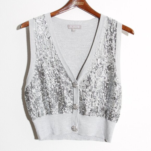 J. Crew Merino Wool V-Neck Sweater-Vest Silver Sequin Gray Embellished Sz Medium - Picture 3 of 14